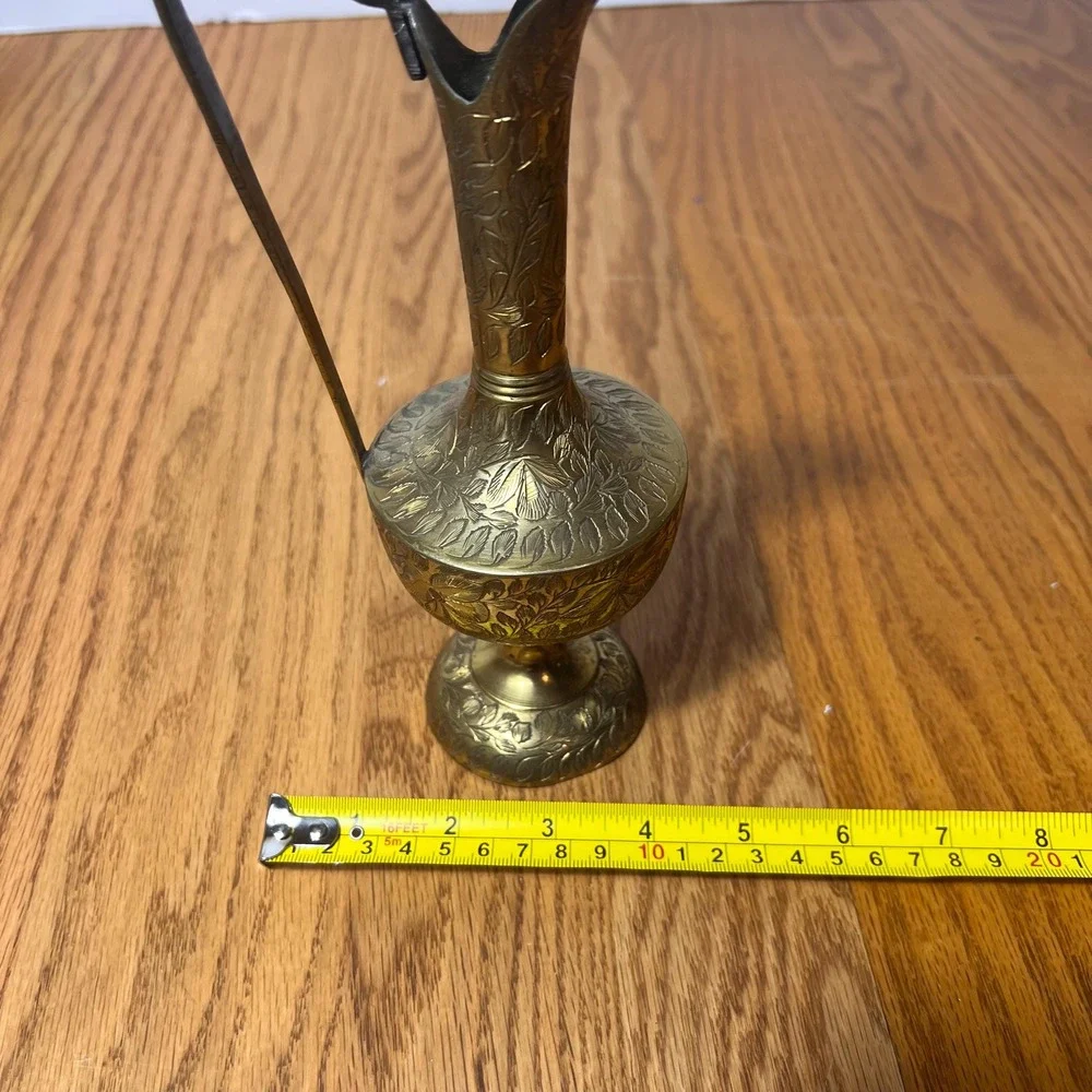 Vintage Engraved Brass Ewer Pitcher Vase Ornate Floral Etched Pedestal Decor